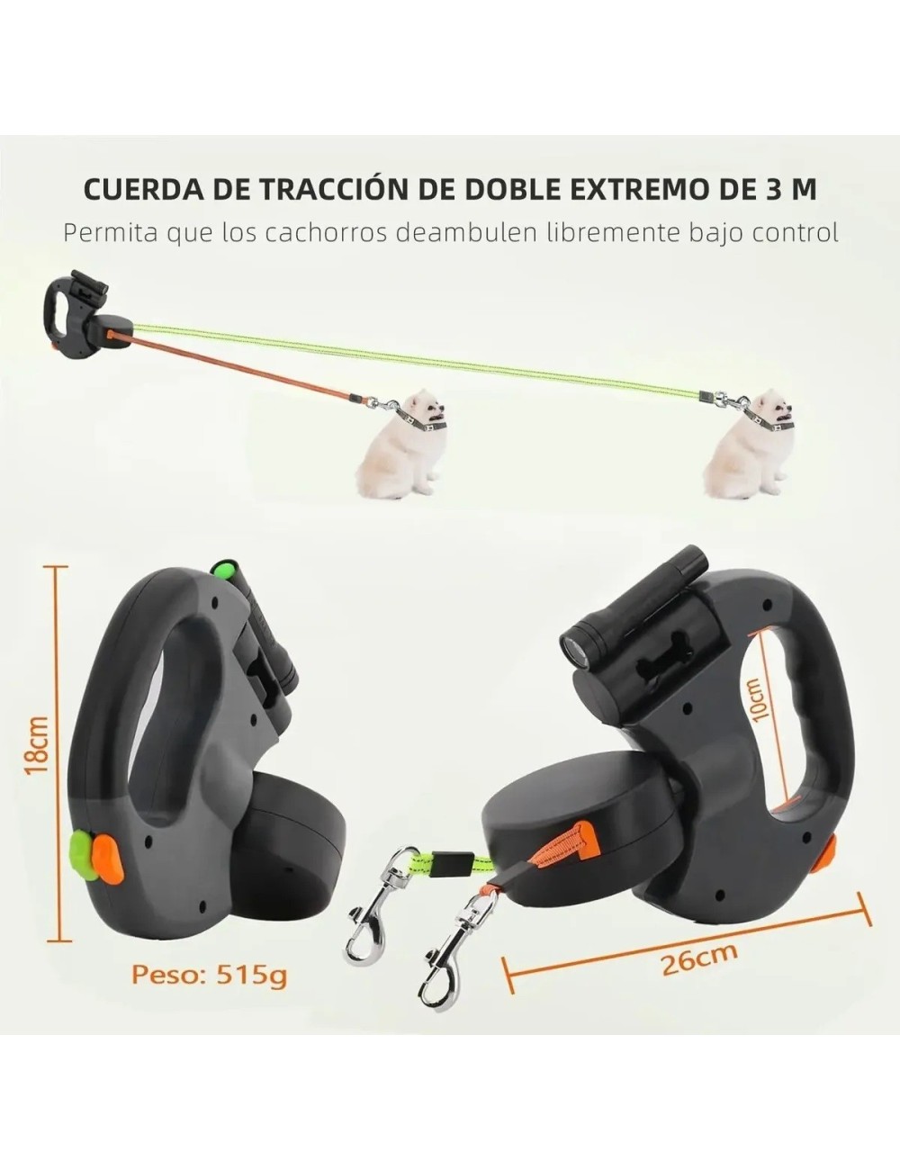 Correa Retráctil Doble Perro Luz Led 3m Anti Enredos 360°