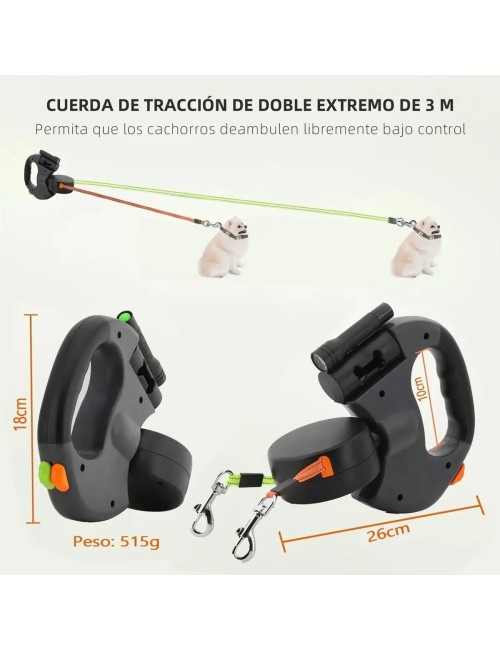 Correa Retráctil Doble Perro Luz Led 3m Anti Enredos 360°