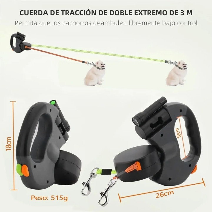 Correa Retráctil Doble Perro Luz Led 3m Anti Enredos 360°