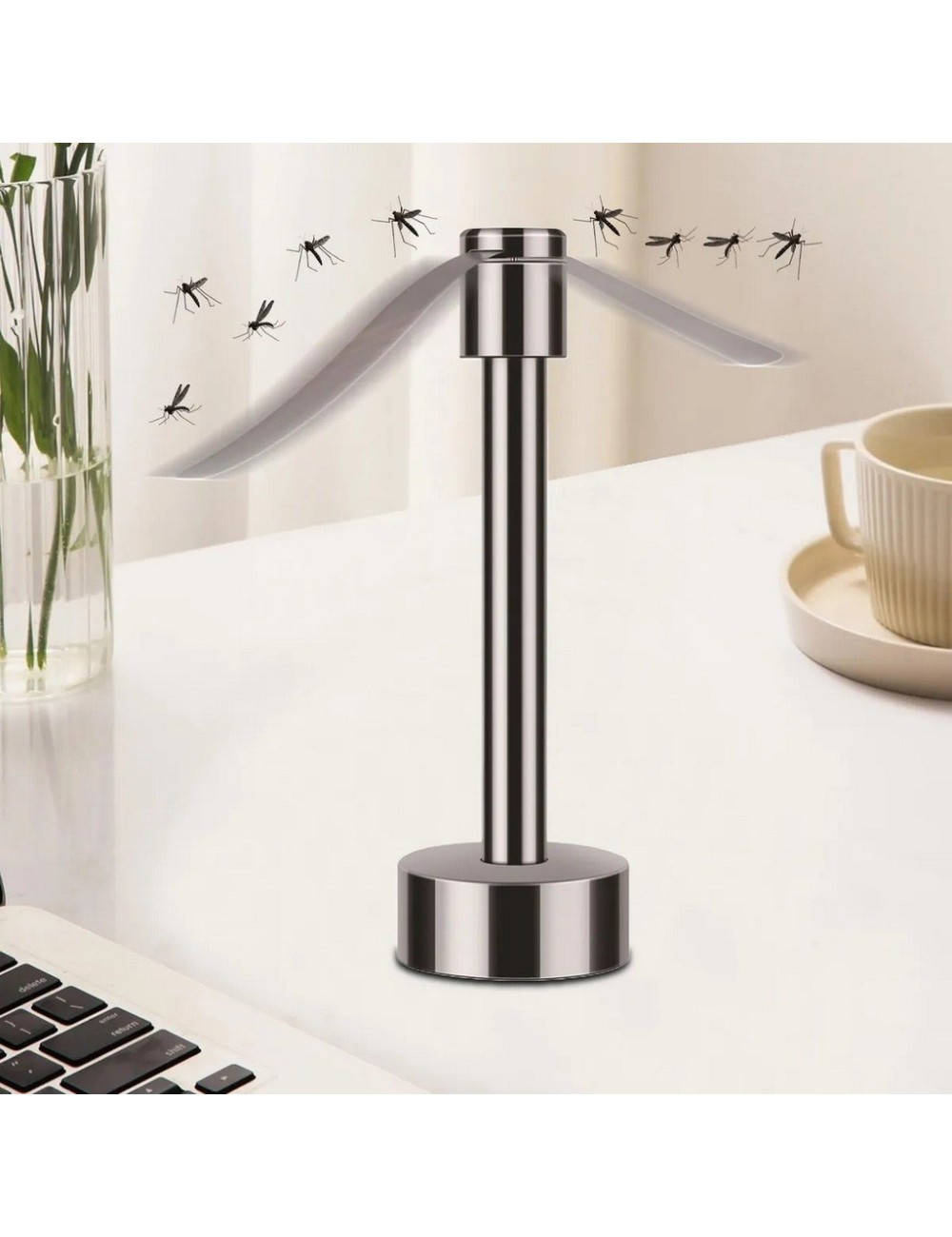 Ventilador Espantamoscas Repelente Mosquitos Plateado