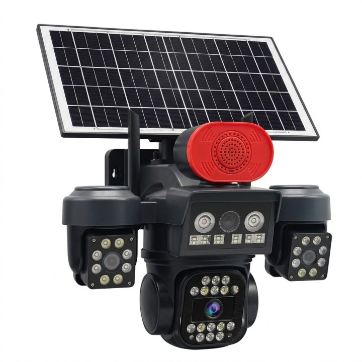 Camara Seguridad Exterior Tres Lentes Panel Solar Alarma