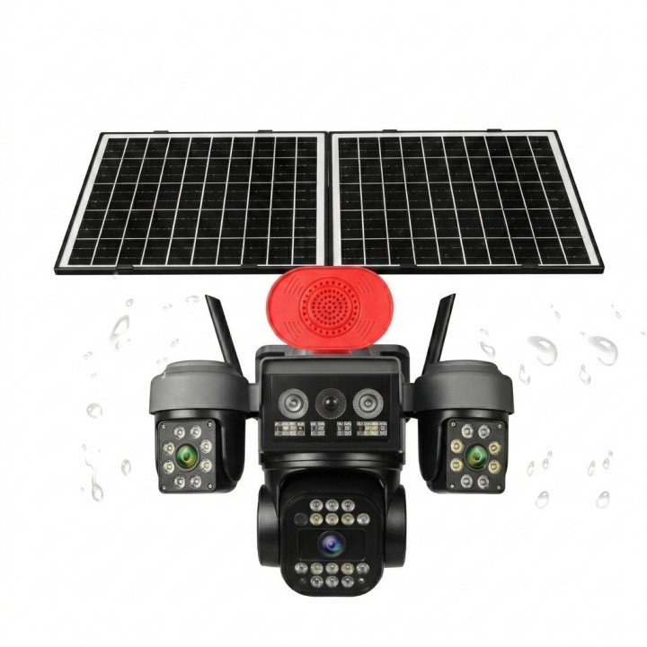Camara Seguridad Exterior Tres Lentes Panel Solar Alarma