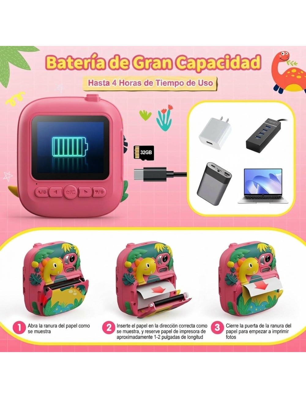 Camara Infantil Impresion Instantanea Dinosaurio Portable