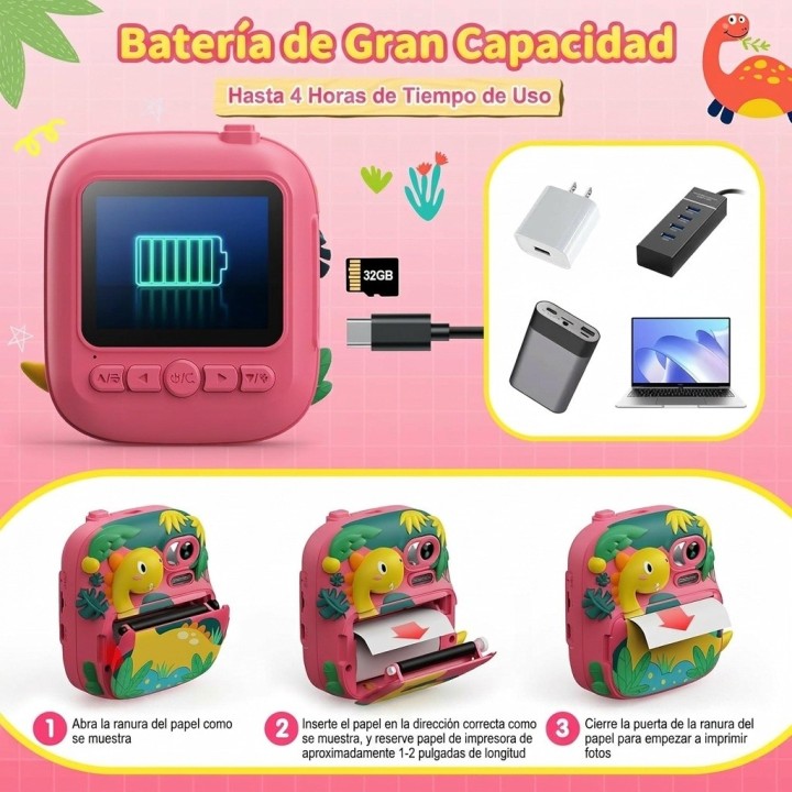 Camara Infantil Impresion Instantanea Dinosaurio Portable