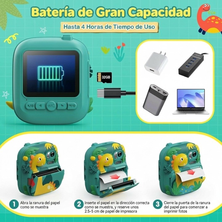 Camara Infantil Impresion Instantanea Dinosaurio Portable