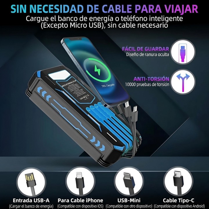 Power Bank Solar 20000mah Inalámbrico 4 Paneles Cables Zl906