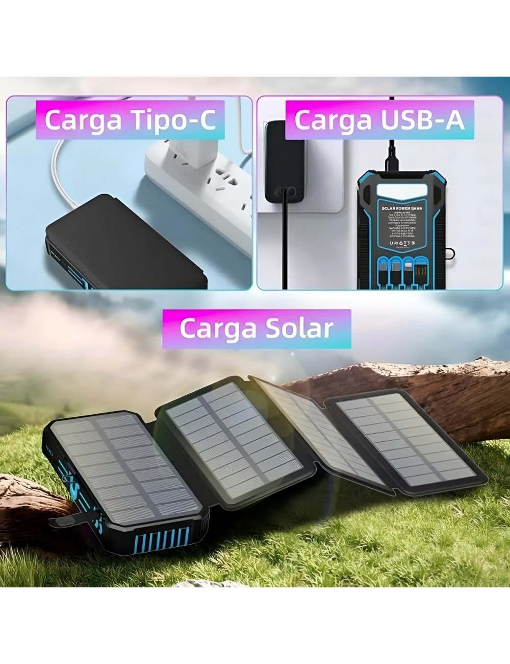 Power Bank Solar 20000mah Inalámbrico 4 Paneles Cables Zl906