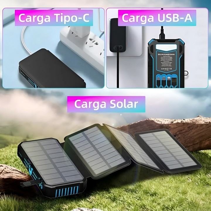 Power Bank Solar 20000mah Inalámbrico 4 Paneles Cables Zl906