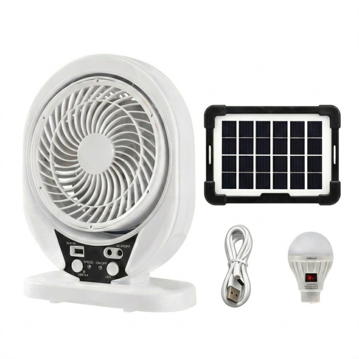 Ventilador Recargable Solar 8 Pulgadas + Panel Y Foco Led
