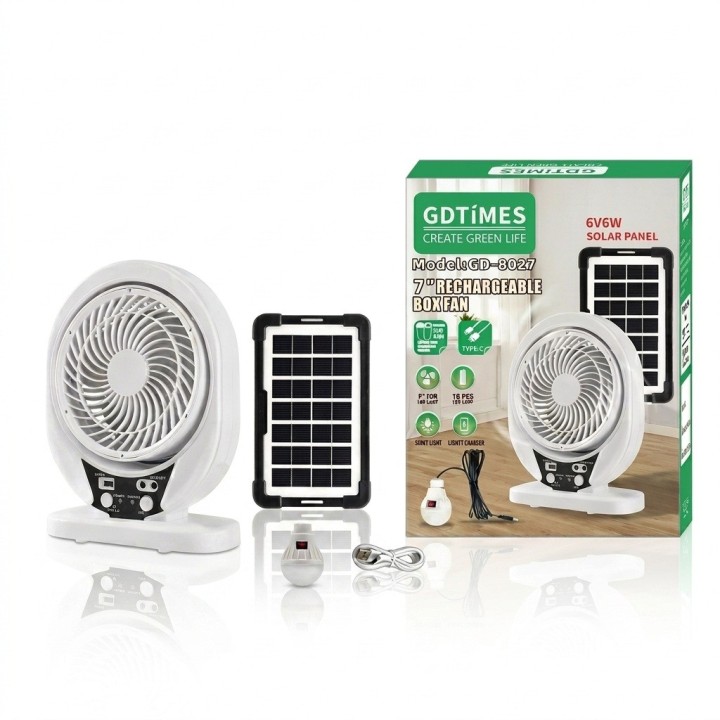 Ventilador Recargable Solar 8 Pulgadas + Panel Y Foco Led