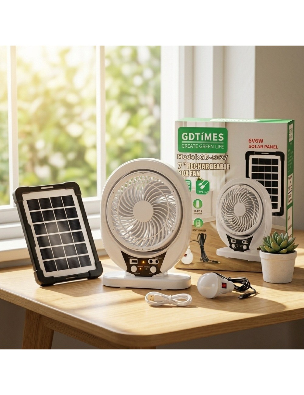 Ventilador Recargable Solar 8 Pulgadas + Panel Y Foco Led
