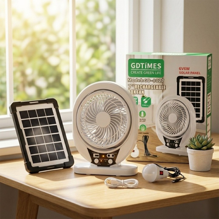 Ventilador Recargable Solar 8 Pulgadas + Panel Y Foco Led