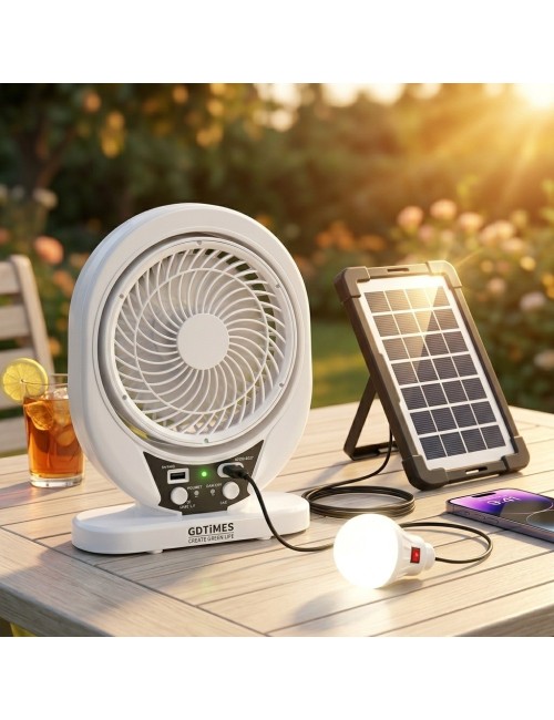 Ventilador Recargable Solar 8 Pulgadas + Panel Y Foco Led