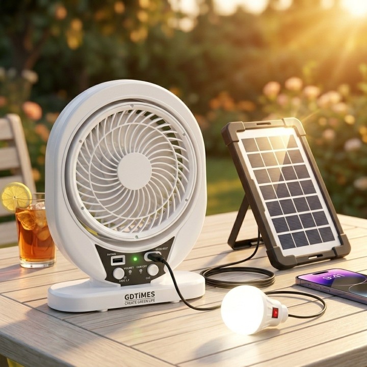 Ventilador Recargable Solar 8 Pulgadas + Panel Y Foco Led
