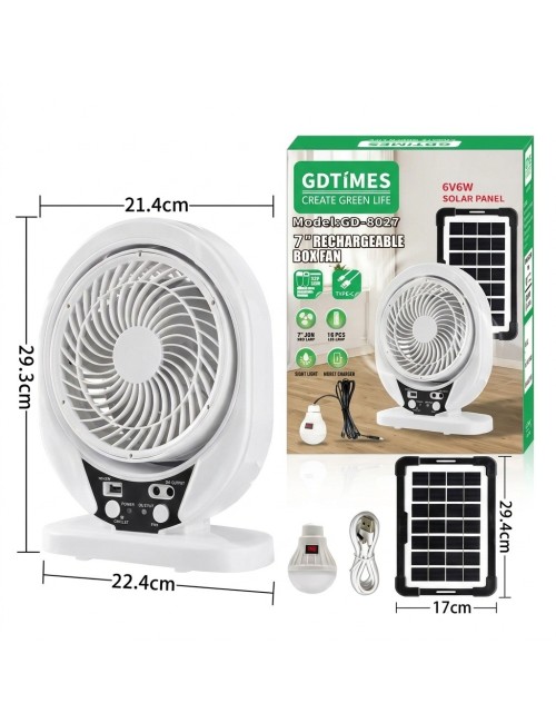 Ventilador Recargable Solar 8 Pulgadas + Panel Y Foco Led