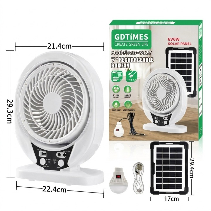 Ventilador Recargable Solar 8 Pulgadas + Panel Y Foco Led