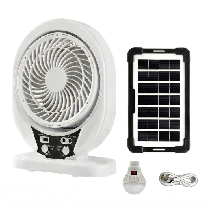 Ventilador Recargable Solar 8 Pulgadas + Panel Y Foco Led