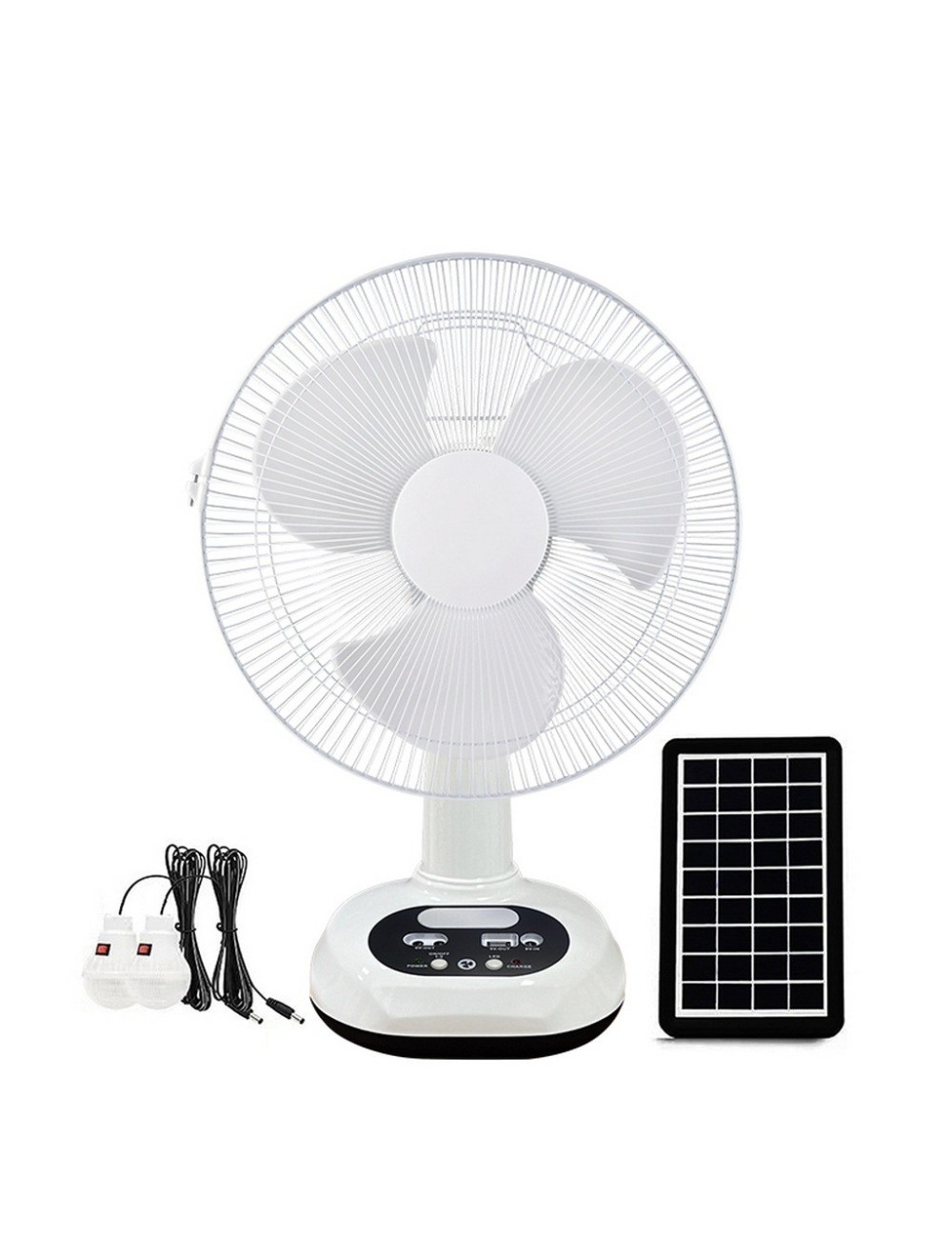 Ventilador Recargable Solar 12 Pulg + Panel 2 Focos Gd-8012