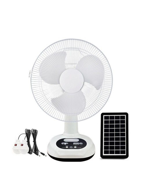 Ventilador Recargable Solar 12 Pulg + Panel 2 Focos Gd-8012