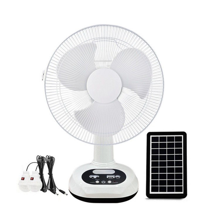 Ventilador Recargable Solar 12 Pulg + Panel 2 Focos Gd-8012