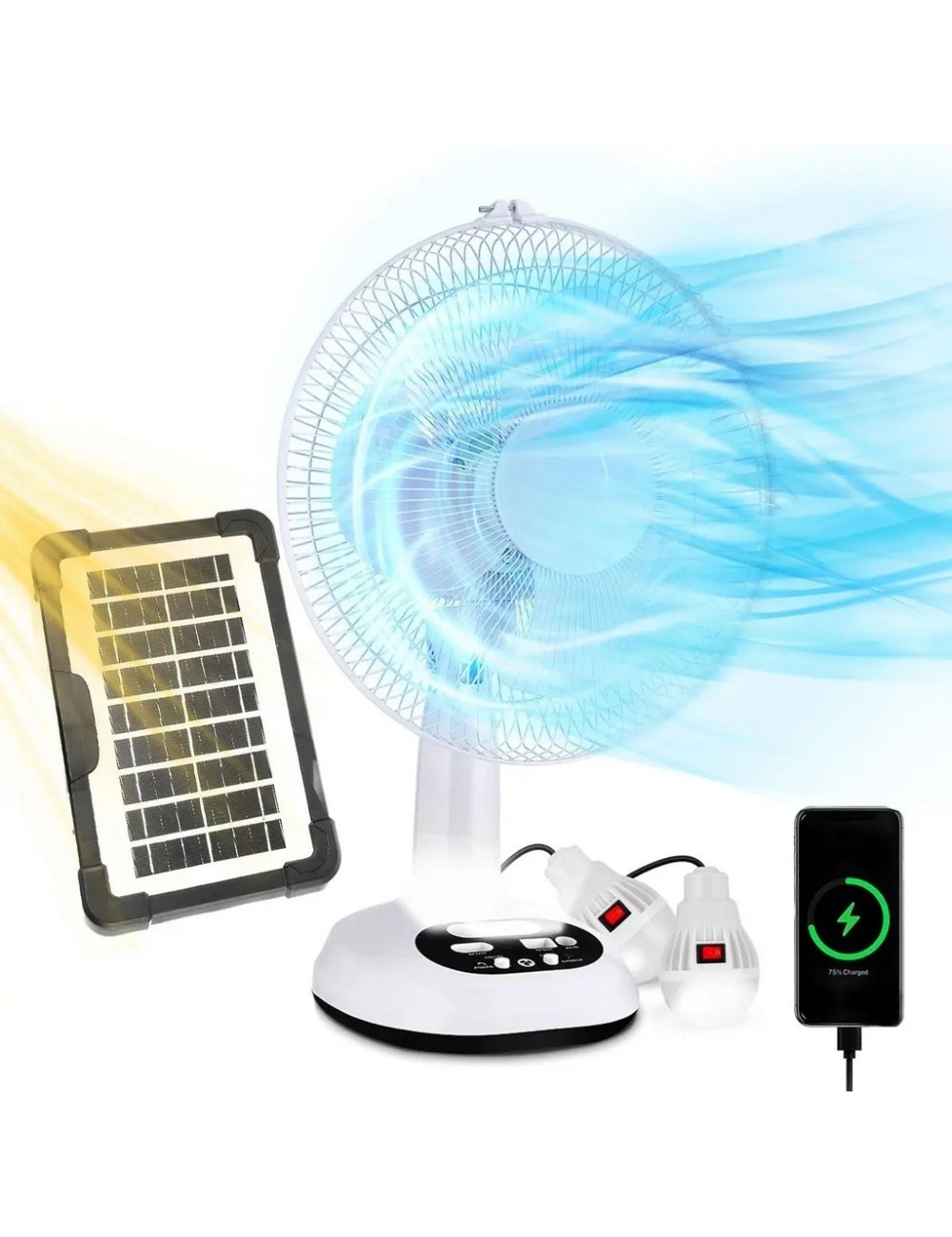 Ventilador Recargable Solar 12 Pulg + Panel 2 Focos Gd-8012