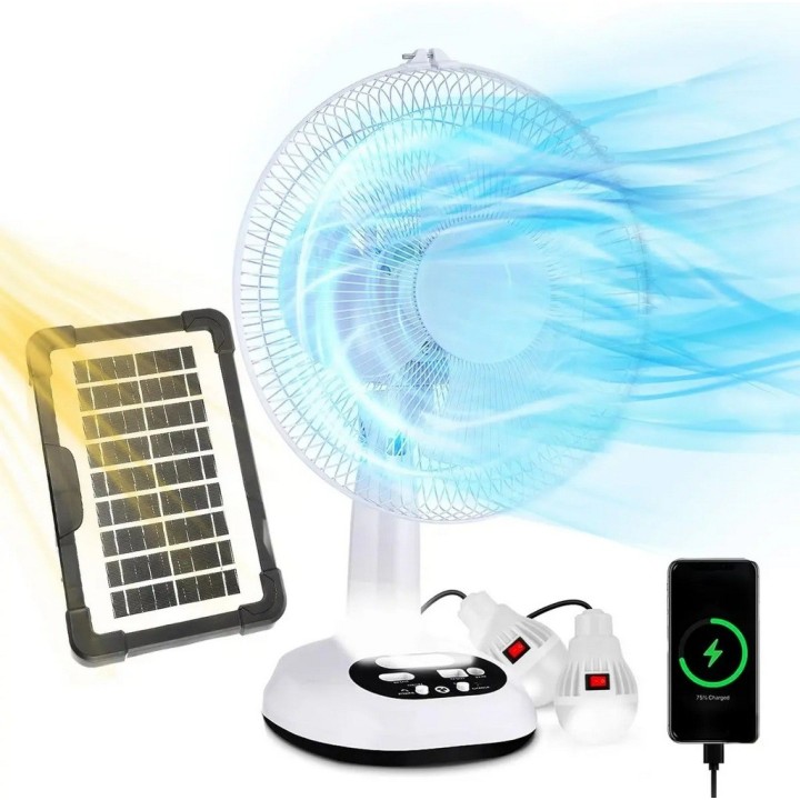 Ventilador Recargable Solar 12 Pulg + Panel 2 Focos Gd-8012