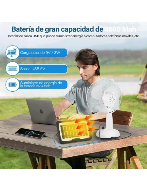 Ventilador Recargable Solar 12 Pulg + Panel 2 Focos Gd-8012