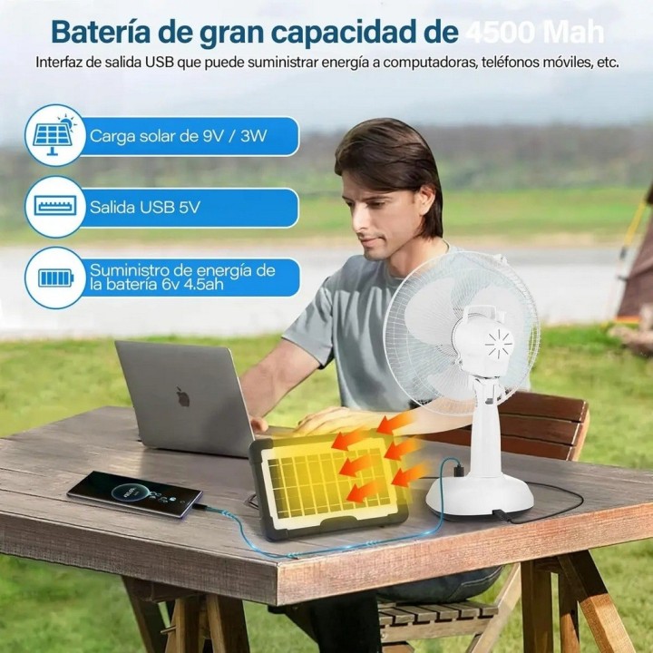 Ventilador Recargable Solar 12 Pulg + Panel 2 Focos Gd-8012