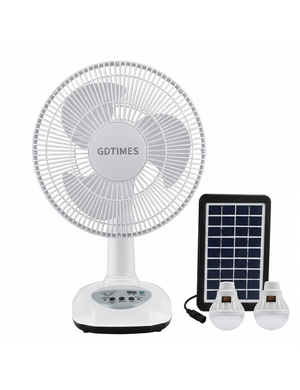 Ventilador Recargable Solar 12 Pulg + Panel Y 2 Focos Led