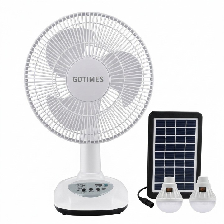 Ventilador Recargable Solar 12 Pulg + Panel Y 2 Focos Led