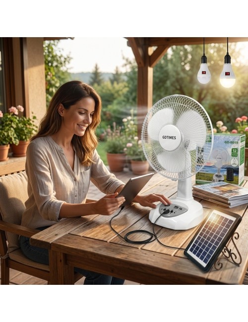 Ventilador Recargable Solar 12 Pulg + Panel Y 2 Focos Led