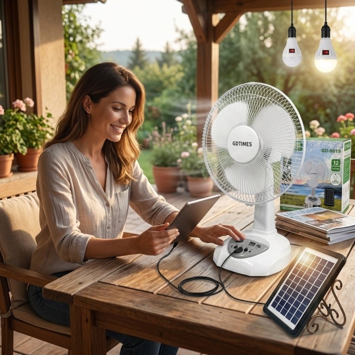 Ventilador Recargable Solar 12 Pulg + Panel Y 2 Focos Led