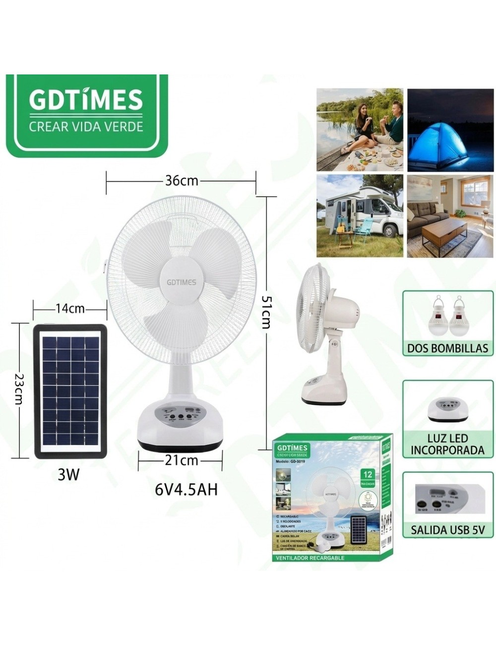 Ventilador Recargable Solar 12 Pulg + Panel Y 2 Focos Led