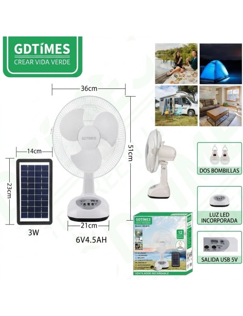 Ventilador Recargable Solar 12 Pulg + Panel Y 2 Focos Led