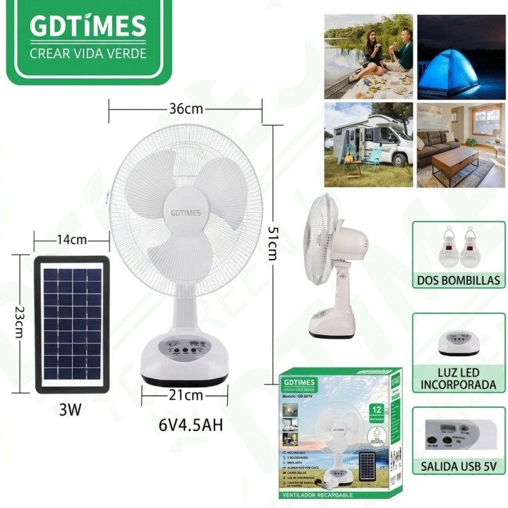 Ventilador Recargable Solar 12 Pulg + Panel Y 2 Focos Led