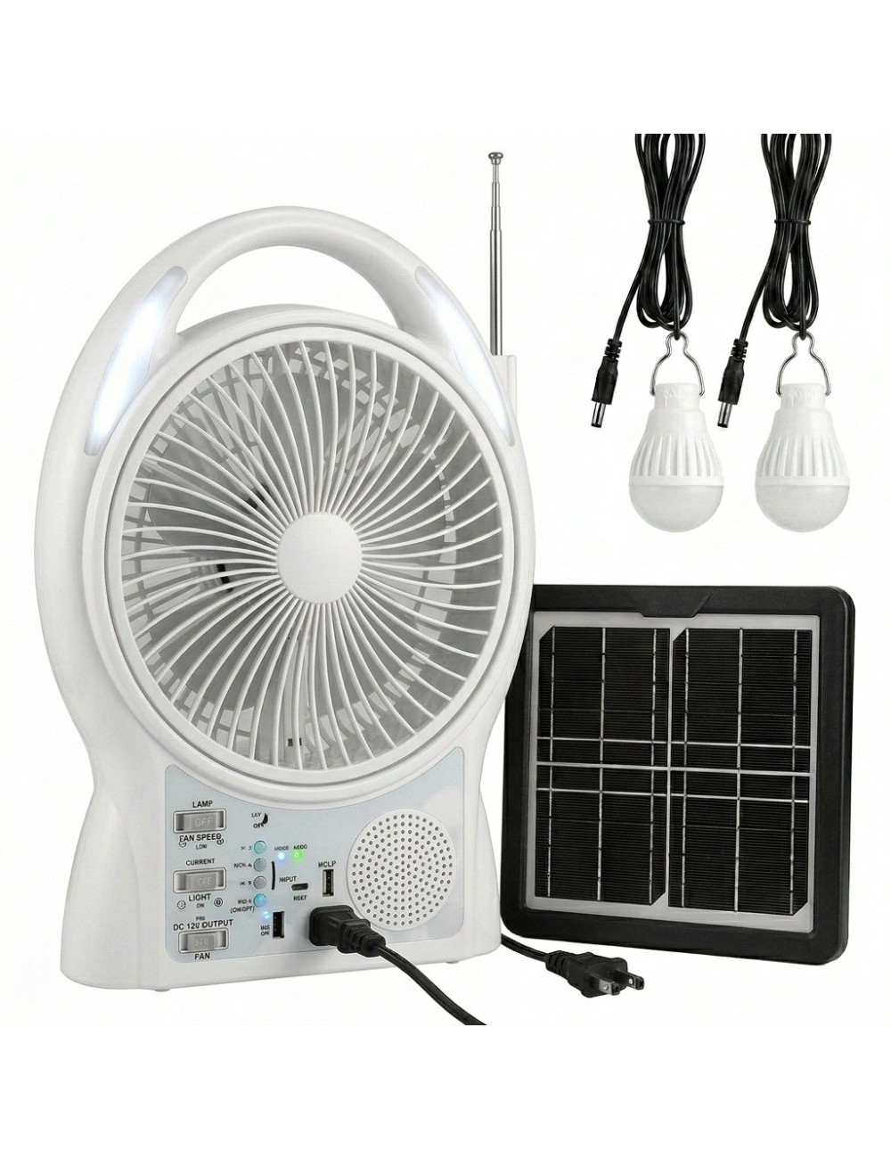 Ventilador Solar 8 Pulgadas Bluetooth Radio Y 2 Focos Led