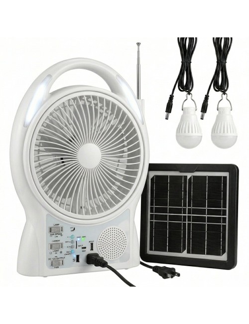 Ventilador Solar 8 Pulgadas Bluetooth Radio Y 2 Focos Led