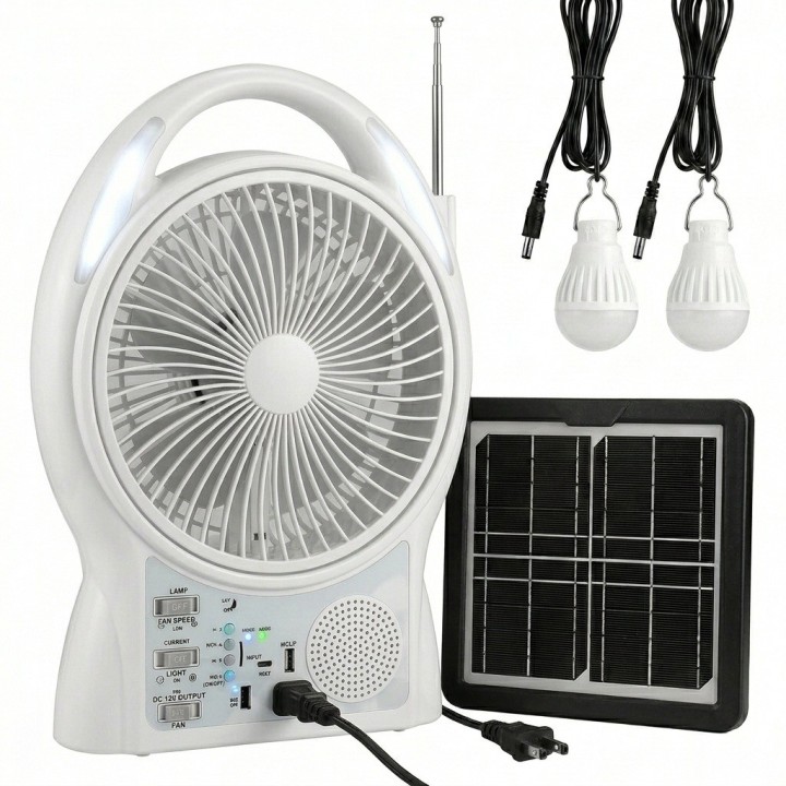 Ventilador Solar 8 Pulgadas Bluetooth Radio Y 2 Focos Led