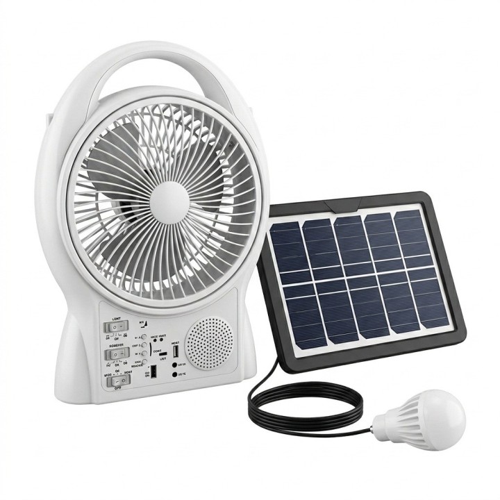 Ventilador Solar 8 Pulgadas Bluetooth Radio Y 2 Focos Led