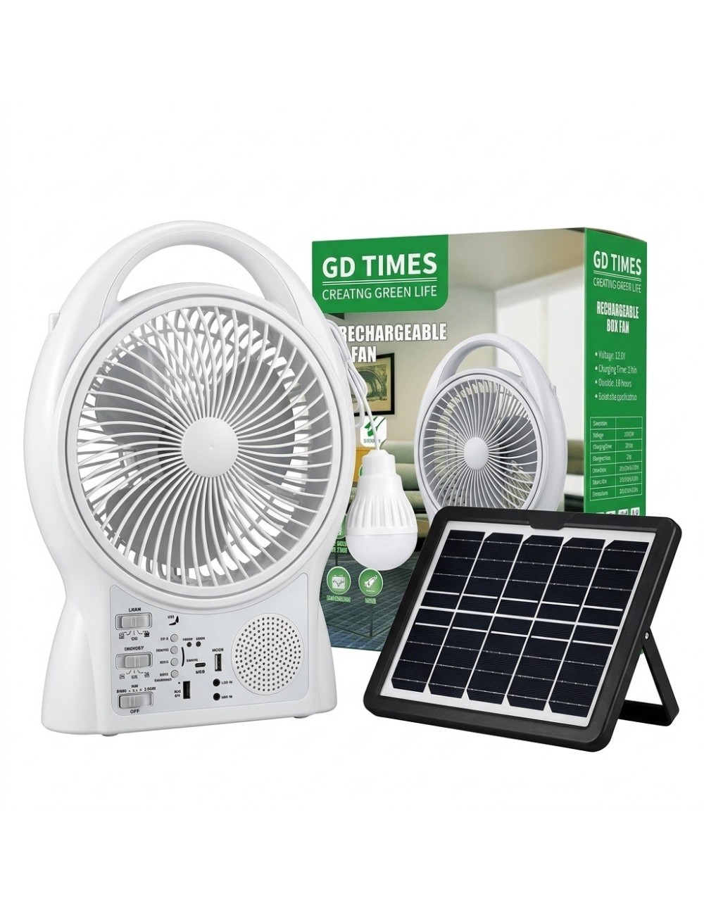 Ventilador Solar 8 Pulgadas Bluetooth Radio Y 2 Focos Led