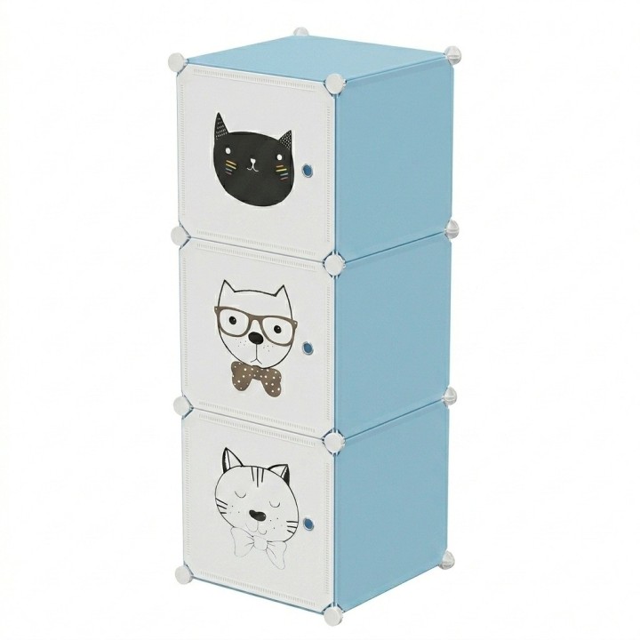 Armario Organizador Modular Infantil 3 Cubos Gatos Celeste