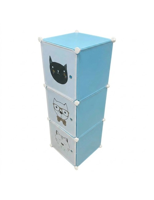 Armario Organizador Modular Infantil 3 Cubos Gatos Celeste