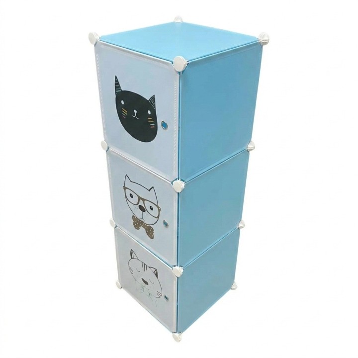 Armario Organizador Modular Infantil 3 Cubos Gatos Celeste
