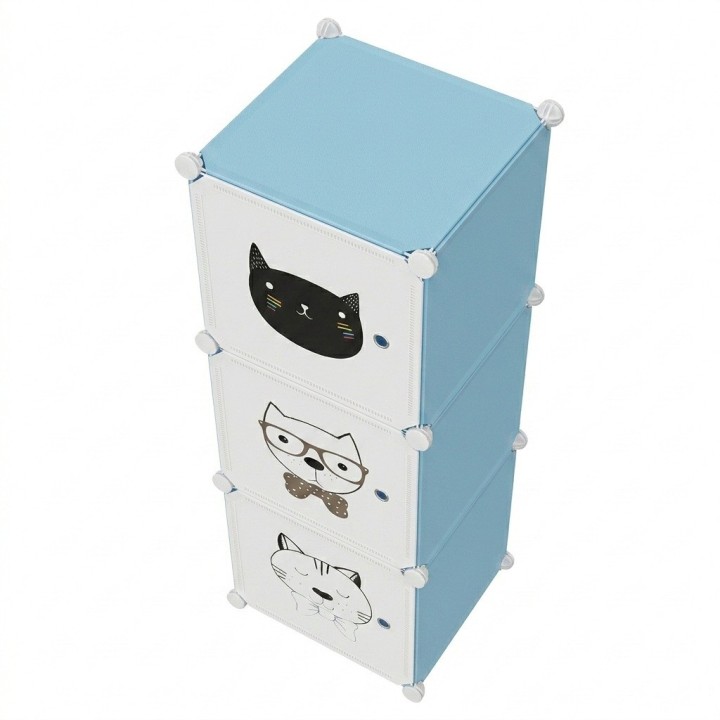 Armario Organizador Modular Infantil 3 Cubos Gatos Celeste