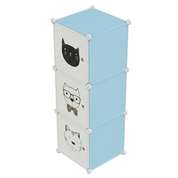 Armario Organizador Modular Infantil 3 Cubos Gatos Celeste