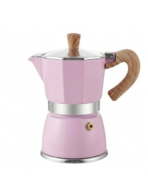 Cafetera Italiana Moka Rosa 9 Tazas Aluminio Mango Madera