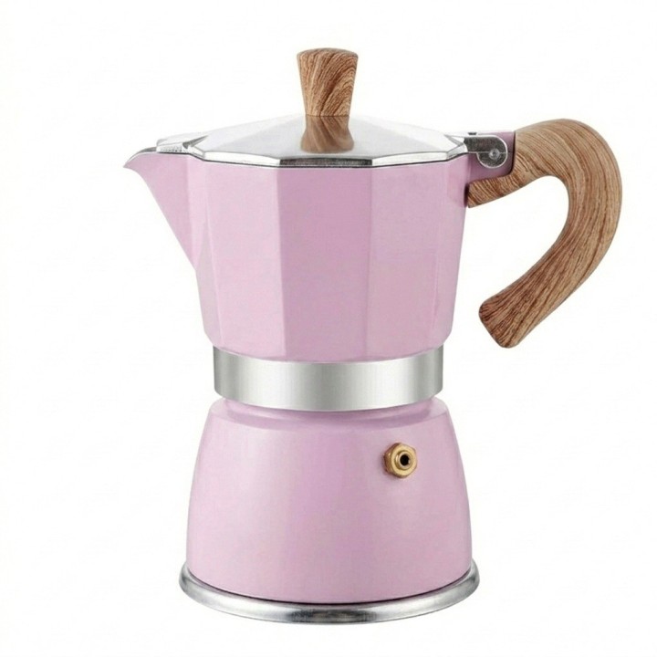 Cafetera Italiana Moka Rosa 9 Tazas Aluminio Mango Madera