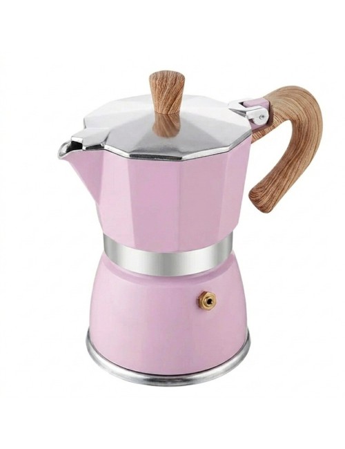 Cafetera Italiana Moka Rosa 9 Tazas Aluminio Mango Madera