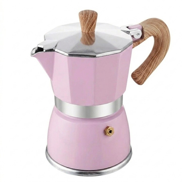 Cafetera Italiana Moka Rosa 9 Tazas Aluminio Mango Madera