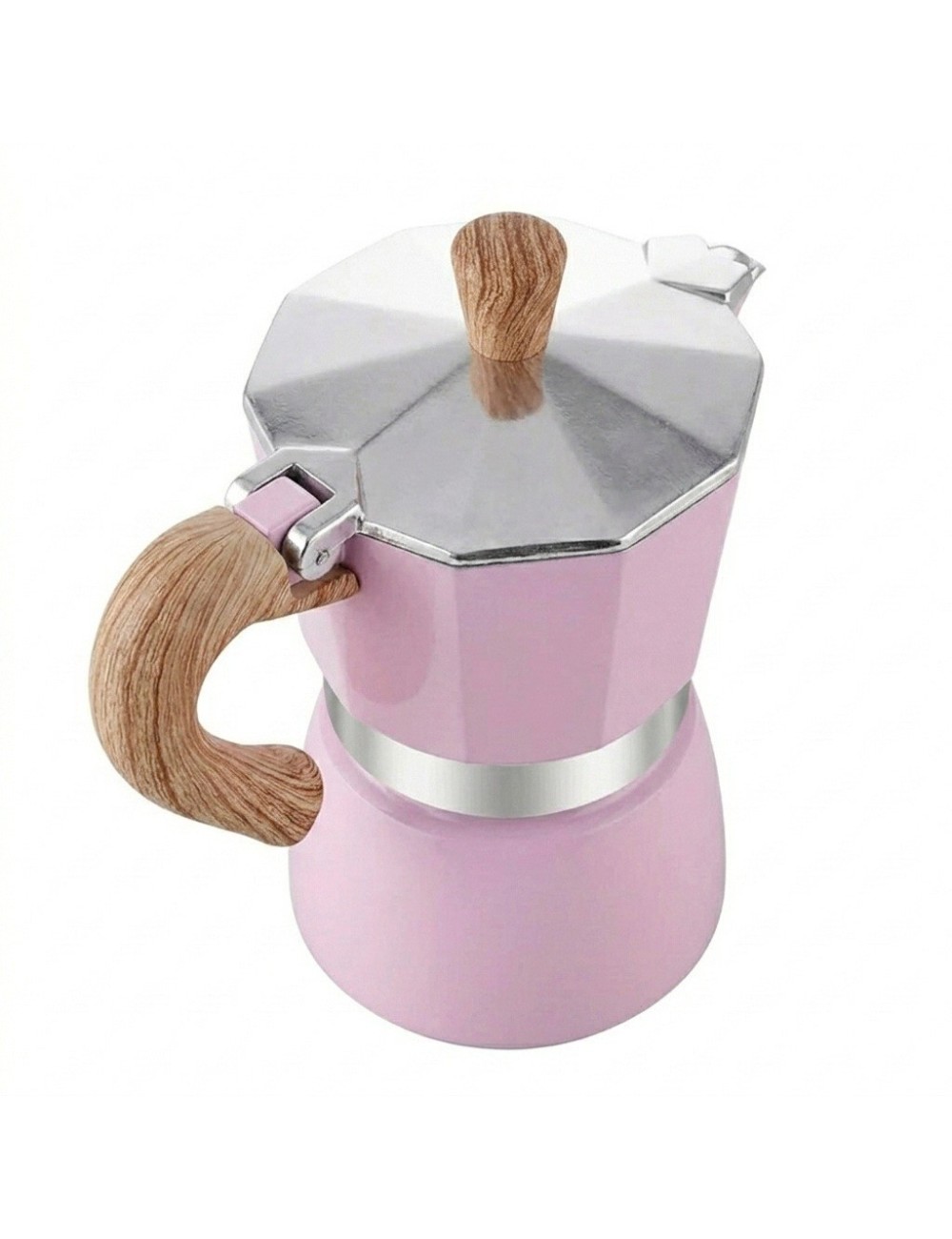Cafetera Italiana Moka Rosa 9 Tazas Aluminio Mango Madera